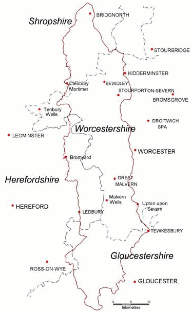 Map showing the extent of the Abberley and Malvern Hills Geopark Boundary